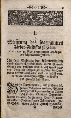 Sammlung allerley Würtembergischer Stipendiorum und anderer Stifftungen : Erster Theil