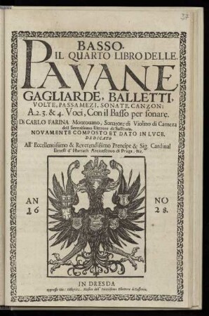 Carlo Farina: Il quarto libro delle pavane, gagliarde ... a 2. 3. & 4. voci ... Basso
