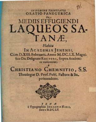 Oratio Panegyrica De Mediis Effugiendi Laqueos Satanae