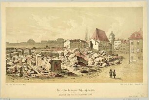 Die Überreste des Magazingebäudes in Leipzig nach dem Abriss am 20. Februar 1849, im Hintergrund der Turm der Pleißenburg