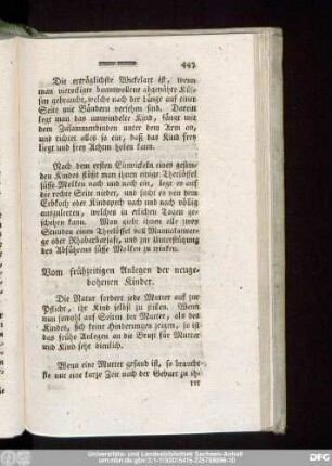 Vom frühzeitigen Anlegen der neugebohrnen Kinder.