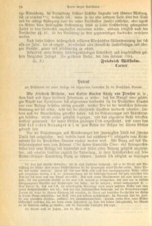 Patent zur Publikation der neuen Auflage des allgemeinen Landrechts für die Preußischen Staaten