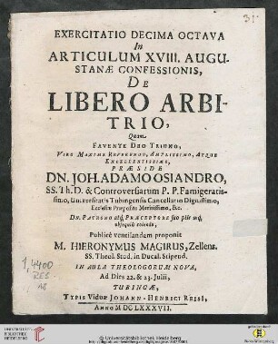 Band 18: Exercitatio Theologica ... In Articulum Augustanae Confessionis: De Libero Arbitrio