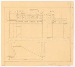 Fachgeschäft Electrola, Berlin: Ansicht, Grundriss und Detail Ladeneingang, 1:20