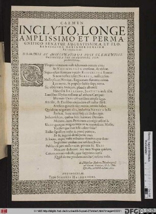 Carmen Inclyto, Longe Amplissimo Et Permagnifico Senatui Augustissimae Et Florentissimae Norimbergensium Reipublicae ...