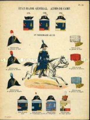 Uniformdarstellung, Adjutant des Brigade-Generals 1803, Detailstudien von Hüten, Abzeichen und Schärpen verschiedener Adjutanten, Frankreich, 1775/1816.