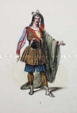 Mann im braunen Wams mit Pistolen am breiten Ledergurt, grünem Umhang und Federhut - Tafel aus Franceschini/Neue Kostümsammlung (Kassette 3)
