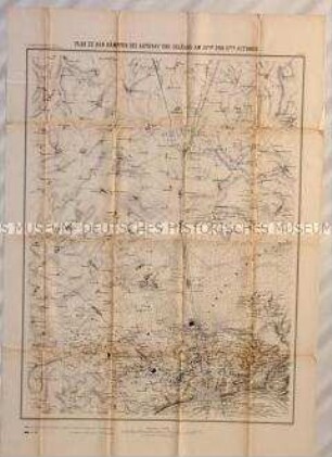 Topographische Karte der Gegend nordwestlich vor Orléans mit Stellungen der deutschen Truppen (blau) anlässlich des Gefechts bei Artenay während des Deutsch-Französischen Kriegs