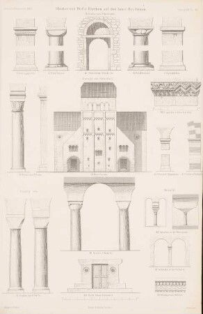 Klosterkirche Mittelzell, St. Georg, Oberzell, Stiftskirche Unterzell, Reichenau: Ansicht von Westen Mittelzell, Details (aus: Atlas zur Zeitschrift für Bauwesen, hrsg. v. G. Erbkam, Jg. 19, 1869)