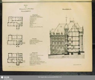 Übungsschulgebäude. [Obergeschoss. Erdgeschoss. Kellergeschoss] Hauptgebäude. [Frontansicht]