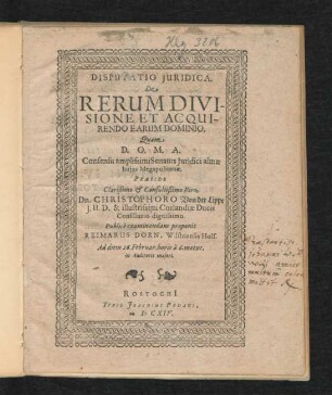 Disputatio Iuridica. De Rerum Divisione Et Acquirendo Earum Dominio