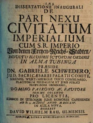 Diss. inaug. de pari nexu civitatum imperialium cum S. R. Imperio