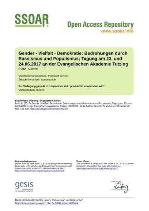 Gender - Vielfalt - Demokratie: Bedrohungen durch Rassismus und Populismus; Tagung am 23. und 24.06.2017 an der Evangelischen Akademie Tutzing