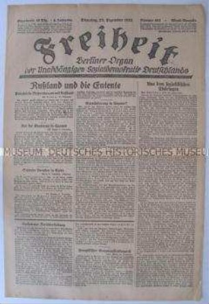 Tageszeitung der USPD Berlin "Freiheit" u.a. über die Arbeit der sozialistischen Regierung in Thüringen
