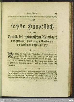 Das sechste Hauptstück, von dem Verfalle des thüringischen Waidtbaues und Handels, samt einigen Vorschlägen, wie demselben aufzuhelfen sey?