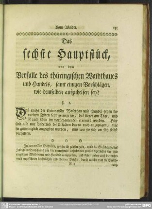 Das sechste Hauptstück, von dem Verfalle des thüringischen Waidtbaues und Handels, samt einigen Vorschlägen, wie demselben aufzuhelfen sey?