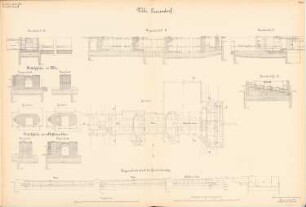 Kanalisierung der Oder Schleuse, Frauendorf: Wehr, Pfeiler: Ansicht, Grundriss, Schnitte 1:200, 1:100