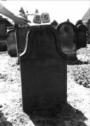 Grabstein 85 (Index: 99798161) Material: Sandstein, rot Zustand: leicht verwittert Maße HxBxT: 97x53x12 cm Beschreibung: Stele, geschweifter Abschluß Symbolik: gekreuzte Palmblätter: Grabstein 85