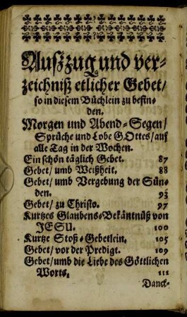 Außzug und verzeichniß etlicher Gebet/ so in diesem Büchlein zu befinden.