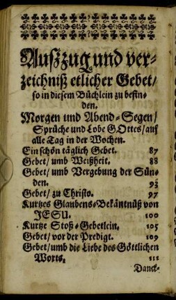 Außzug und verzeichniß etlicher Gebet/ so in diesem Büchlein zu befinden.