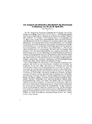 XII. Kongreß der Deutschen Gesellschaft für Psychologie in Hamburg von 12. bis 16. April 1931