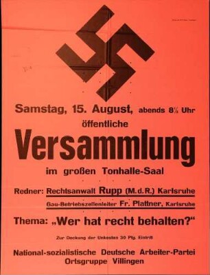 Versammlung der NSDAP-Ortsgruppe Villingen: Wer hat recht behalten?