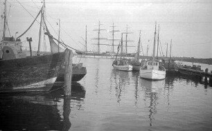 Travemünde: Fischkutter im Hafen, mehrere, im Hintergrund Schulschiff