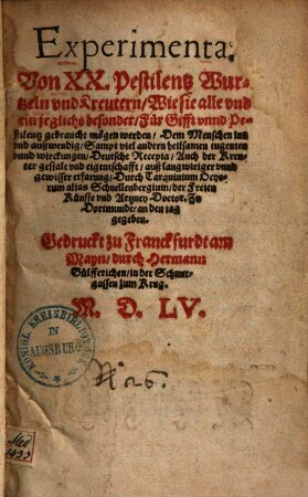 Experimenta : Von XX Pestilentz Wurtzeln und Kreutern ...