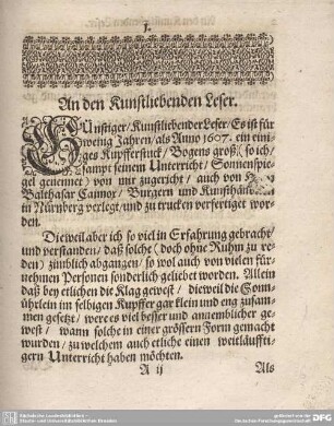 An den Kunstliebenden Leser.