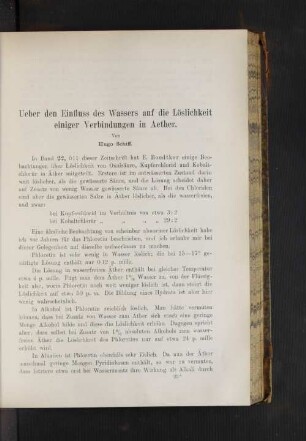 Ueber den Einfluss des Wassers auf die Löslichkeit einiger Verbindungen in Aether.