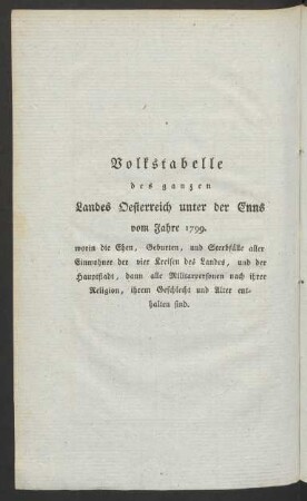 Volkstabelle des ganzen Landes Oesterreich unter der Enns vom Jahre 1799.