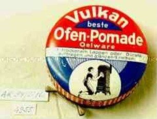 Blechdose mit Deckelheber für "Vulkan beste Ofen-Pomade Oelware"