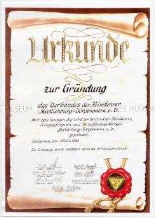 Gründungsurkunde des Landesverbandes Mecklenburg-Vorpommern (Kopie) - Sachkonvolut