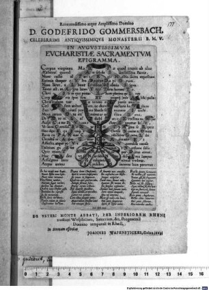 Reverendissimo atque Amplissimo Domino D. Godefrido Gommersbach, Celerrimi Antiquissimique Monasterii B.M.V. In Augustissimum Eucharistiae Sacramentum Epigramma De Veteri Monte Abbati, Per Inferiorem Rheni tractum Westphaliam, Saxoniam, &c. Progenerali Domino temporali in Rheill.