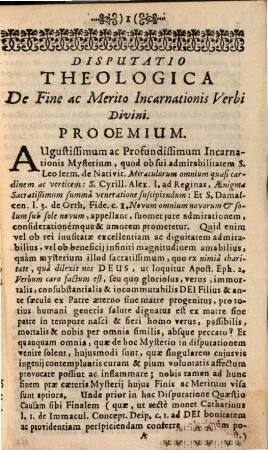Disputatio Theologica De Fine Ac Merito Incarnationis Verbi Divini