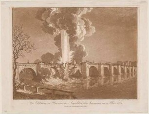 Die Elbbrücke (Augustusbrücke) in Dresden im Augenblick der Sprengung am 19. März 1813
