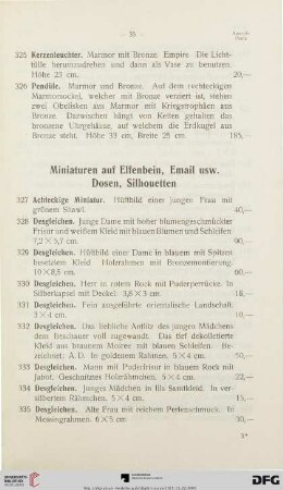 Miniaturen auf Elfenbein, Email usw. Dosen, Silhouetten (Nr. 327-397)
