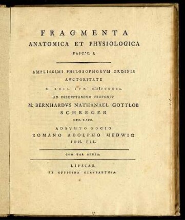 Fragmenta Anatomica Et Physiologica : Cum Tab. Aenea
