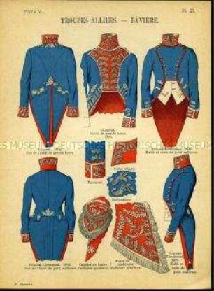 Uniformdarstellung, Detailstudien von Uniformröcken, Schabracken und Abzeichen des Alliierten Bayerischen Generalstabs, Erstes Kaiserreich Frankreich, 1806.