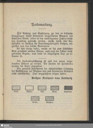 [Namensverzeichnis und Wappen von Adelsfamilien, welche durch ihre Ansässigkeit in Sachsen die Staatsangehörigkeit besitzen]