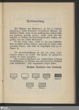 [Namensverzeichnis und Wappen von Adelsfamilien, welche durch ihre Ansässigkeit in Sachsen die Staatsangehörigkeit besitzen]