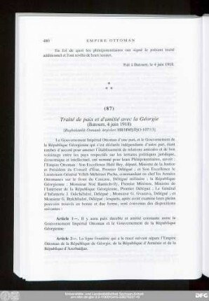 (87) Traité de paix et d'amitié avec la Géorgie (Batoum, 4 juin 1918)
