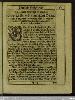 Leichenpredigt : Christliche Leichpredigt, Eingang und Gruss der Predigt, Text der Leichpredigt, Außlegung