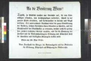 Maueranschlag: Aufruf des Ausschusses der Bürger, der Nationalgarde und der Studenten an die Wiener Bevölkerung den kursierenden Gerüchten nicht zu glauben; Wien, 30. Mai 1848