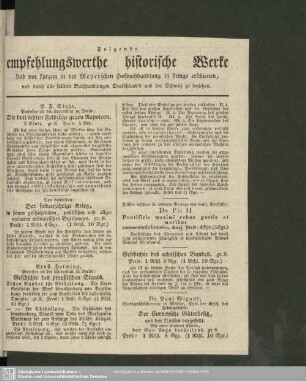 Folgende empfehlungswerthe historische Werke sind vor kurzem in der Meyerischen Hofbuchhandlung in Lemgo erschienen und durch alle soliden Buchhandlungen Deutschland's und der Schweiz zu beziehen
