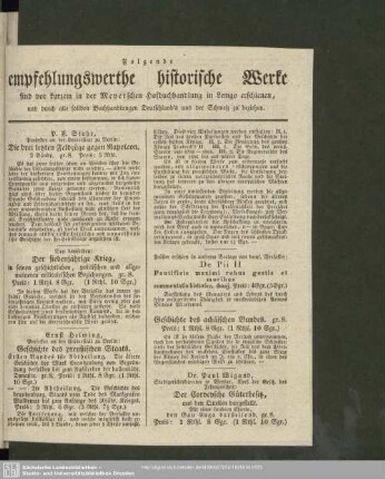 Folgende empfehlungswerthe historische Werke sind vor kurzem in der Meyerischen Hofbuchhandlung in Lemgo erschienen und durch alle soliden Buchhandlungen Deutschland's und der Schweiz zu beziehen