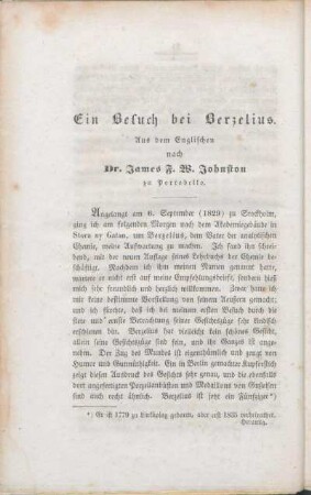 Ein Besuch bei Berzelius. Aus dem Englischen nach Dr. James F. W. Johnston