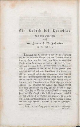 Ein Besuch bei Berzelius. Aus dem Englischen nach Dr. James F. W. Johnston