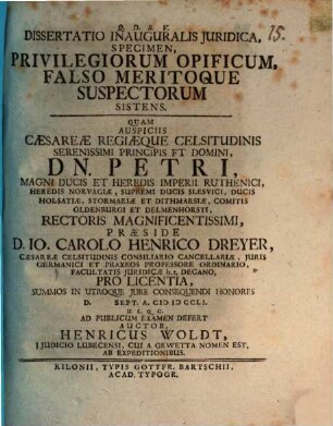 Dissertatio inauguralis iuridica, specimen, privilegiorum opificum, falso meritoque suspectorum sistens