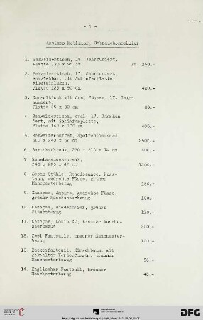 Antikes Mobiliar, Gebrauchsmobiliar (Nr. 1-133)